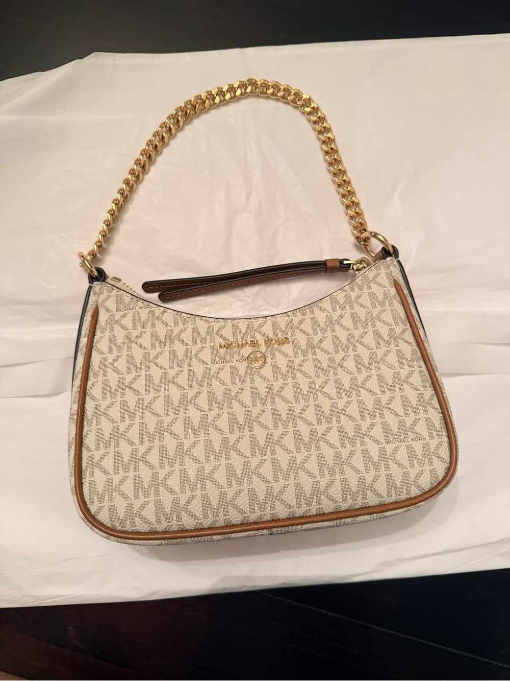 Michael Kors Beige Signature MK Logo Shoulder Bag with Gold Chain
